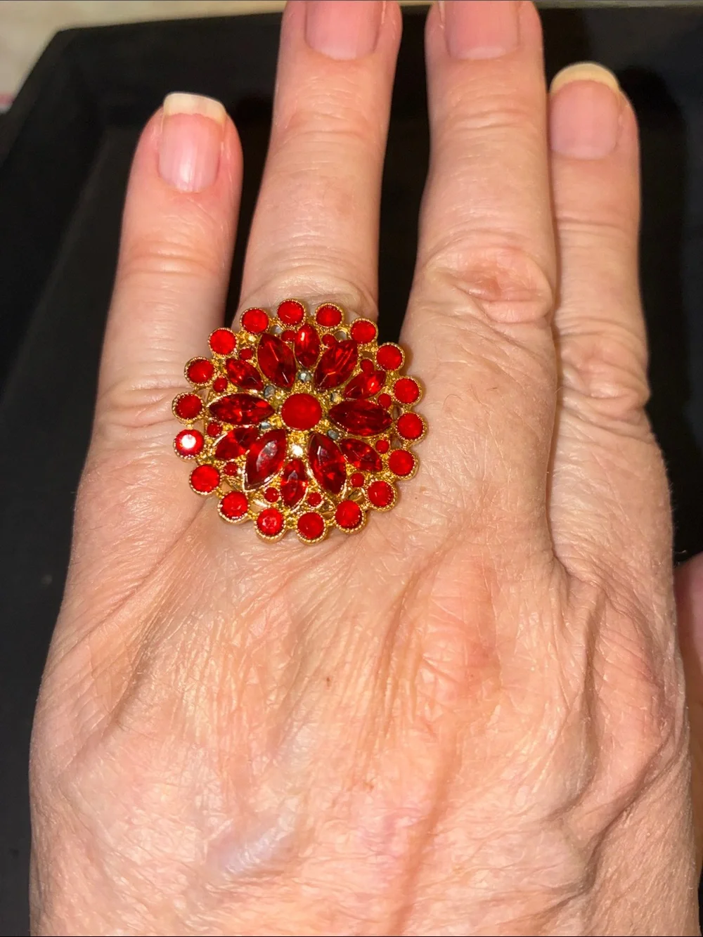 Red Floral Cluster Statement Stretch Ring in Gold Tone